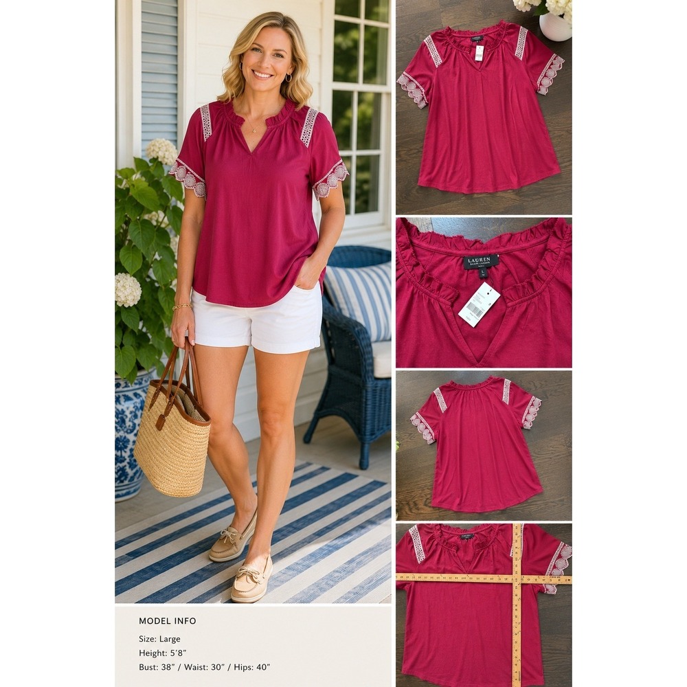 NWT Lane Bryant Berry Pink Ruffle Neck Eyelet Lace Sleeve Top Plus Size 18/20